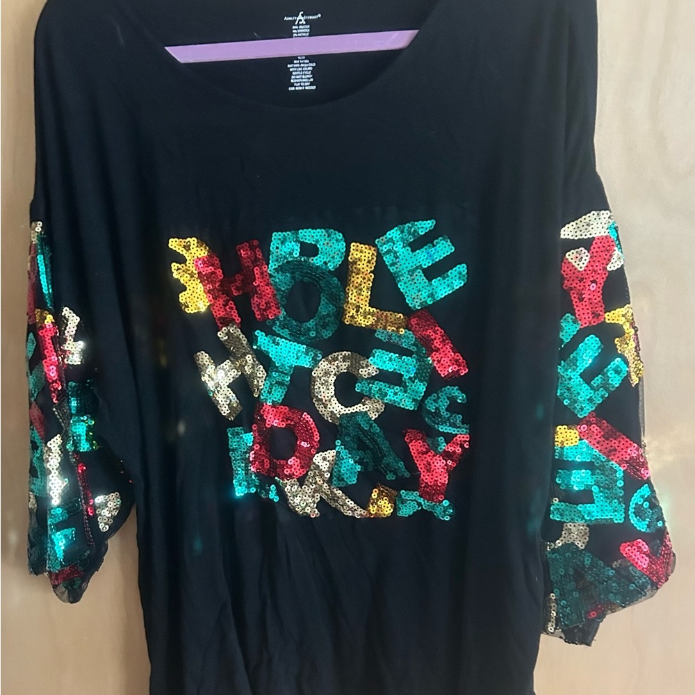 Colorful Sequin Lettered Black Top